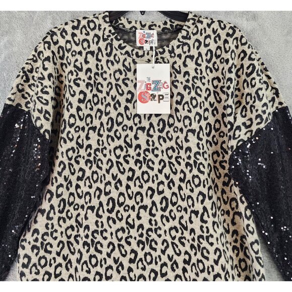 The ZigZag Stripe Sweater Womens Large Black Leopard Sequin Momcore Pullover - Picture 6 of 10